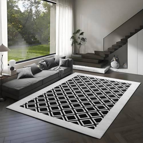 Washable Rug 8x10 – Soft Textured Area Rug with Non-Slip Backing, Modern Luxury Checkered Design, Machine Washable Carpet Perfect for Living Room, Bedroom, and Dining Room, Black