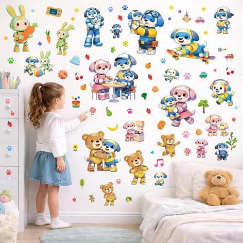 Humerry 176 PCS Robot Dog Family Wall Stickers, 6 Sheets Large Removable Peel and Stick Cartoon Puppy and Their Friends Wall Decals for Nursery, Playroom and Bedroom Decor - Image 1