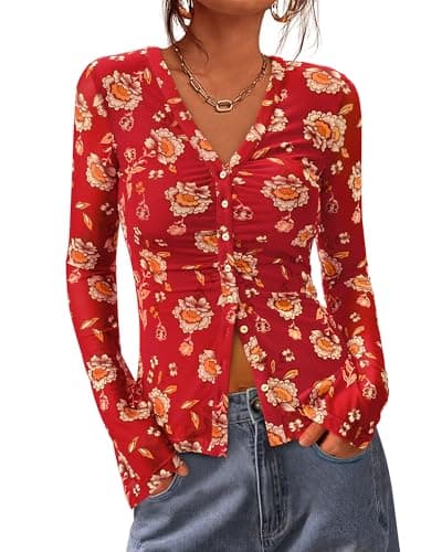 BTFBM Button Down Shirts for Women 2026 Spring Boho Tops V Neck Long Sleeve Blouses Ruched Mesh Fitted Fashion Clothing(Red, Medium) - Image 1