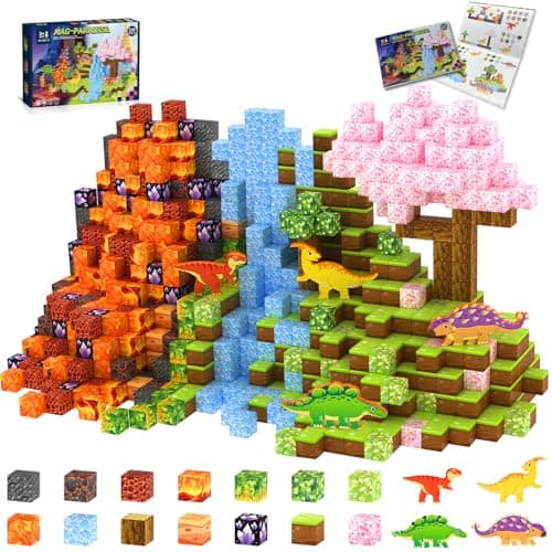 158PCS Magnetic Blocks- 1Inch Magnetic Cubes 3D Dinosaur World for Kids STEM Construction Toys - Learning Educational Magnetic Building Blocks for Boys & Girls Ages 3 -12 Christmas Birthdays Gifts - Image 1