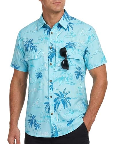 Cozople Fishing Shirts for Men Hawaii Short Sleeve Button Up UPF 50+ Cooling Casual Hiking Shirt for Travel Safari Vacation Sky Coconut XXL - Image 1