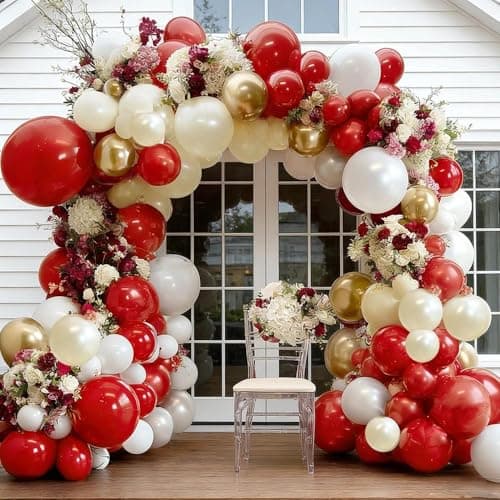 Red White Gold Balloon Garland Double Stuffed Burgundy Red White Sand Pearl Balloon Arch Kit Maroon Wine Balloons for Mother's Day Birthday Bridal Shower Wedding Graduation Party Decorations - Image 1