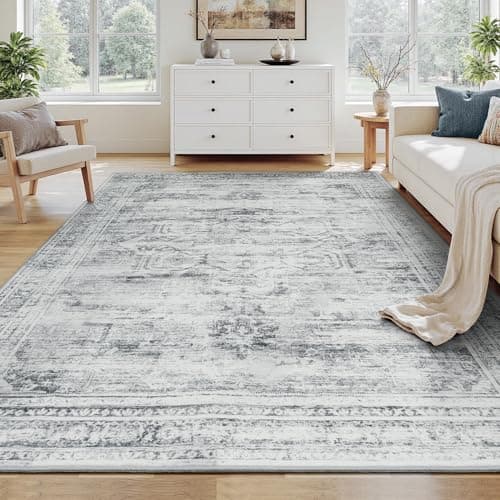 Carpelux 5x7 Washable Area Rugs for Living Room, Soft Faux Wool Carpets for Bedroom Dining Room, Neutral Vintage Distressed Non Slip Stain Resistant Grey White Rug for Home Office Decor - Image 1