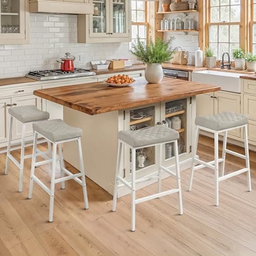 Compsia Counter Height Bar Stools Set of 4, Barstools with Thick PU Leather Saddle Seat & White Metal Legs,24Inch Kitchen Counter Stools,Light Beige Grey - Image 1