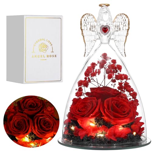 Tiaronics Mothers Day Rose Gifts for Women, Large Angel Figurines with Real Roses, Preserved Real Flower Rose for Her - Red - Image 1