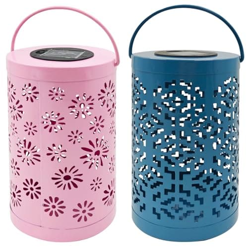CBAXEAXM 2PCS Solar Lanterns Outdoor Waterproof Hanging Solar Light Metal Tabletop Lantern with Hollowed-Out Design for Garden Yard Patio Porch Table Decor Gifts for Women, Pink+ Dark Blue - Image 1
