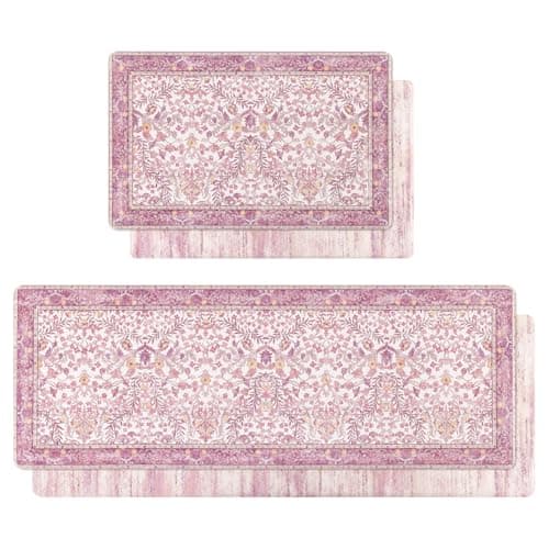 U'Artlines Kitchen Anti Fatigue Mats Sets of 2,Double-Sided Print Kitchen Mat Cushioned Comfort Standing Waterproof PVC Rugs,Pink Floral Rugs for Laundry Office Desk Sink(17"x28"+17"x47") - Image 1