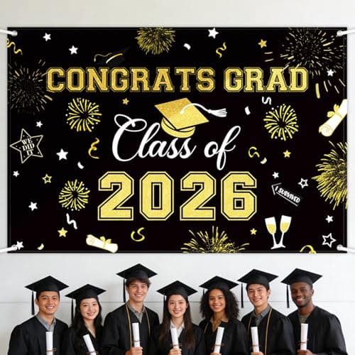 Oeyliz Graduation Decorations 2026 Congrats Grad Banner Class of 2026 Graduation Banner 2026 Graduation Decor Class of 2026 Banner High School College Celebration Party Supplies Yard Sign (Black Gold) - Image 1