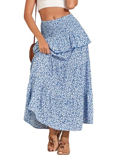 Lyrur Boho Maxi Skirts for Women Summer Smocked High Waist Tiered Flowy Long Skirt for Beach Vacation Resort Wear Blue Floral X-Large - Image 1