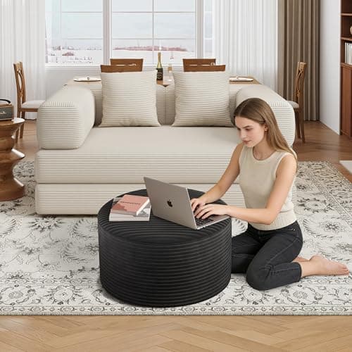 BSHOMGI Round Coffee Table Ottoman for Corduroy Cloud Sectional Couches in a Box Memory Foam Compressed Pouf Footstool Rest for Living Room, Bedroom, Makeup Room No Assembly Require(Black, 32") - Image 1