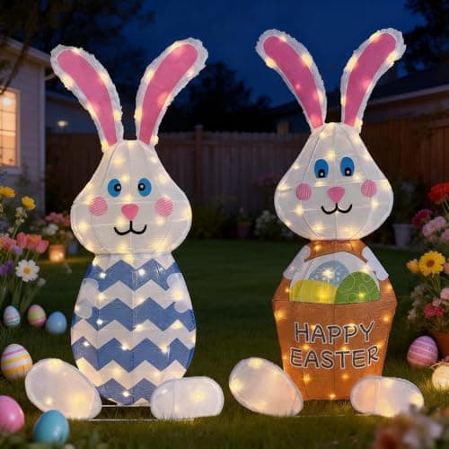 Outdoor Easter Rabbit Yard Decorations, 38 Inch Lighted Metal Decor with 120L, Set of 2 Plug-in LED Bunny Couple Festive Holiday Ornaments for Garden Patio Yard Porch Lawn Display - Image 1