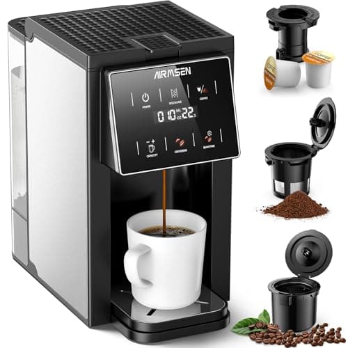 AIRMSEN Grind & Brew Coffee Maker with Built-in Grinder (2026 Model) - Single-Serve, Compatible with K-Cup Pods & Ground, 1000W Fast 6-14oz Brewer, Descaling Alert, Touchscreen & 50oz Removable Tank - Image 1
