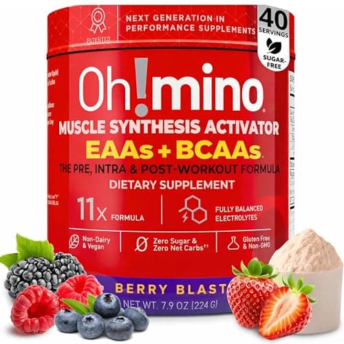 Oh!mino Essential Amino Acids Supplement Drink Powder, Berry Blast, Caffeinated Powder, All 9 EAAs, BCAAs and The Perfect Amino for Workouts, Amino Energy, and to Build Muscle, and Recover Faster - Image 1