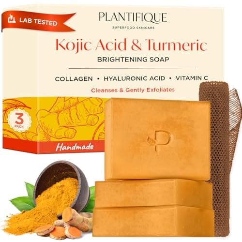 PLANTIFIQUE Kojic Acid Soap for Hyperpigmentation 3 Bars with African Net - Turmenic Soap with Hyaluronic Acid, Collagen, Vitamin C for Dark Spots - Vegan Skincare 240g / 8.47 oz - Image 1