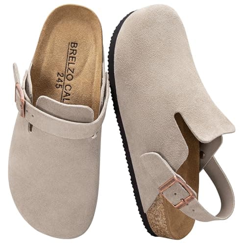 Brelzo Calvior Womens Suede Clogs Mens Leather Mules Arch Support Potato Shoes Slip On Slipper Sandals with Adjustable Buckle for Outdoor Use, Tan Size 10.5-11 - Image 1