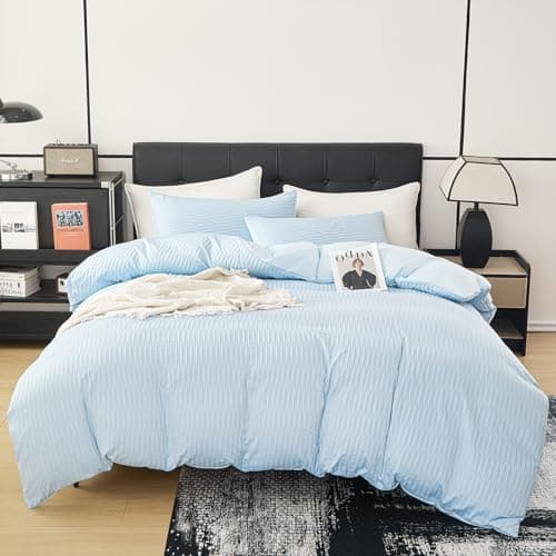 DCSKY Light Blue Duvet Cover Queen Size, 3pcs Washed Microfiber Bedding Set, Soft Breathable Rippled Duvet Cover Set with Zipper Closure for All Seasons - Image 1