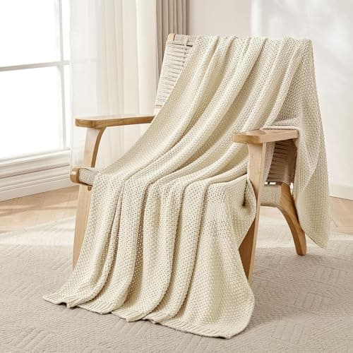 Joydeco Chunky Cable Knit Throw Blanket, Lightweight 100% Cotton Soft Cozy Throw Twin Blanket for Couch Bed and Sofa, Rustic Breathable Farmhouse Blanket Gift for Women Men(Cream White, 60"x80") - Image 1