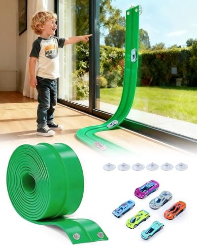 MATELOTI Flex Track 15 Ft Flex Race Car Track with 6 Toy Cars, Portable DIY Racetrack Compatible Diecast 1/64th Cars for Ages 3 Up with Suction Cups, Birthday Gifts for Boys(Green) - Image 1