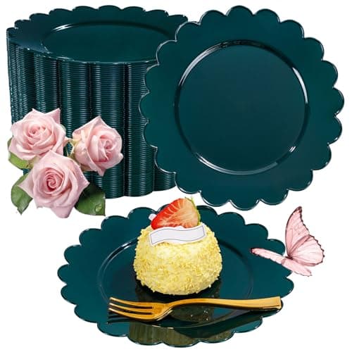LIYH 200 Pcs Dark Green Dessert Plates - Disposable Cake Plates with Gold Forks, Gold Dessert Forks 5", Plastic Cake Plate 7.5" for Holiday Party - Image 1