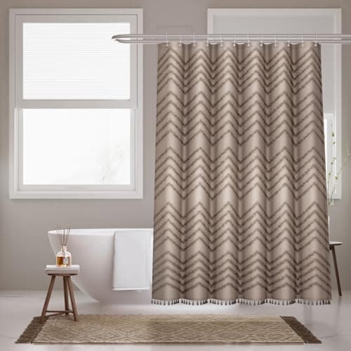 Inhousolu Boho Woven Fabric Shower Curtain, Tufted Textured Chevron Striped Tassel, Modern Farmhouse Minimalist Cloth, Water-Repellent Washable Bath Curtain for Bathroom Hotel 72" W x 84" L Beige - Image 1