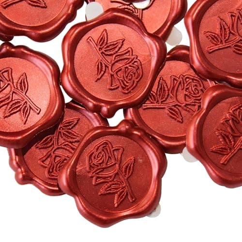Pilloze 50pcs Red Rose Wax Seal Stickers, Rose Wax Seal, Red Rose Stickers for Envelopes, Waterproof, for Wedding Invitation, Christmas