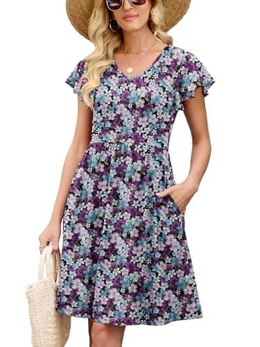 Heymoments Women Summer Dress Ruffle Sleeve Tricolor Blossoms XX-Large V Neck Casual Cute Loose Sundress Comfy Swing Midi Work Flowy Tunic Ladies Beach Vacation Teacher Dresses with Pockets - Image 1