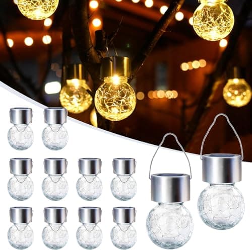 GIGALUMI Solar Lights Outdoor Waterproof, 12 Pack Solar Hanging Lights Garden Decor, Gifts for Women, Solar Outdoor Lantern Waterproof Cracked Glass for Yard, Fence, Tree(Warm White) - Image 1