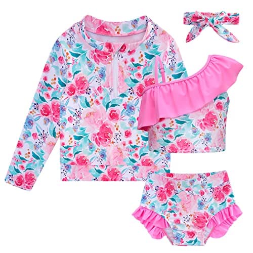Funnycokid Baby Girl Swimsuit 18 Months Toddler Bathing Suit 2T Long Sleeve Tropical Rash Guard Swimwear Ruffle Pink Swim - Image 1
