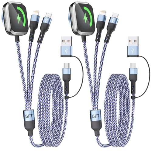 3 in 2 Multi Charging Cable for iWatch Charger/iPhone Charger/CarPlay Cable, Travel Vacation Essentials, (2Pack 5FT) USB C/L/iWatch Charging Cords for iWatch 11-1/iPhone 17-12, Android Car, Blue