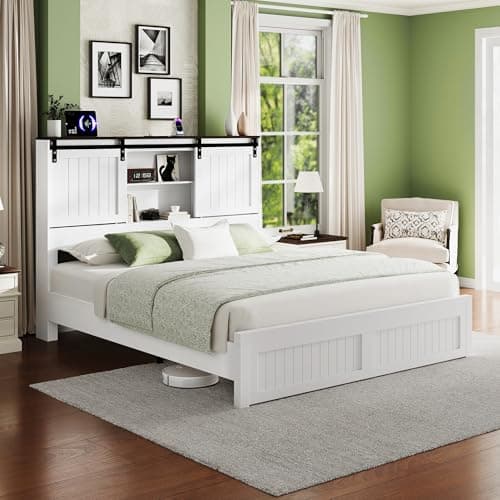 Uteeran Queen Size Bed Frame with Storage, Sliding Barn Door, Farmhouse Wood Platform Bed with Reading Light and Charging Station, Wood Slats Support, Easy Assembly, Noise-Free, Antique White - Image 1