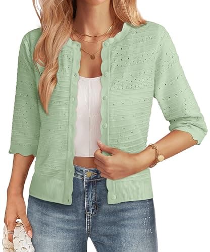 GRACE KARIN 3/4 Short Sleeve Cardigan Sweaters for Women Button Up Lightweight Summer Cardigan Open Front Crop Jacket Green XL - Image 1