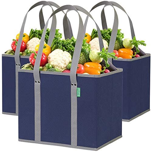 Reusable Grocery Bags (3 Pack) – Heavy Duty Reusable Shopping Bags with Box Shape to Stand Up, Stay Open, Fold Flat – Large Tote Bags are Foldable with Long Handles & Hard Bottom (Navy Blue) - Image 1