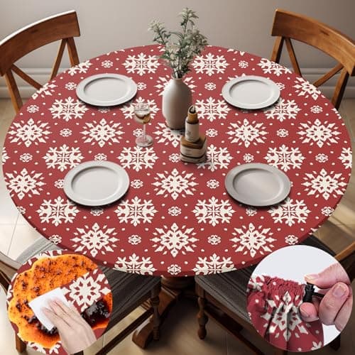 opstellen Fitted Christmas Round Tablecloth Waterproof Table Cloth Vinyl Indoor Outdoor Circle Cover for 36-44" Table Dining Living Room Kitchen Western Home Party Decor Gift Festival Family Essential - Image 1