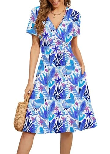 WEACZZY Dresses for Women 2026 Party Wrap V Neck Casual Summer Sundress Travel Dress Vacation Floral Outfits,Blue Rainforest,Small - Image 1