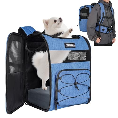 Hiking Dog Carrier Backpack, Padded Height-Enhancing Design, Adjustable Waist Cushioning Belt with Breathable Padded Back Support, Dog Carrier Backpack for Small Dogs Max 13LB Blue with Pad - Image 1