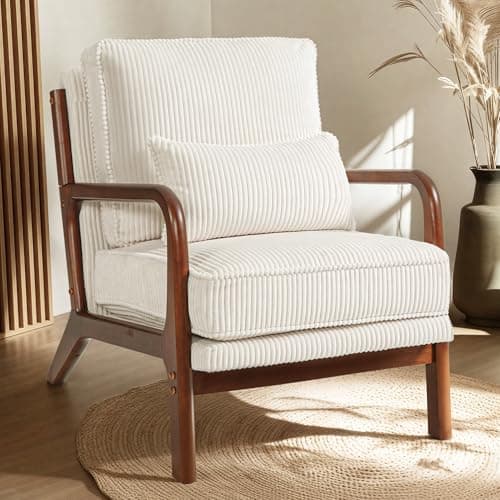 FLEXISPOT AC1 Accent Chair, Mid-Century Modern Armchair with Wood Frame, Comfy Corduroy Upholstered Reading Chair with Lumbar Pillow, 8" Thick Cushion for Living Room Bedroom Sunroom(Cream) - Image 1
