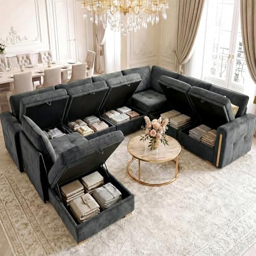 smilesun Oversized Modular Chenille 8-Seater Sectional Sofa with Storage, Convertible Comfy Extra Deep & Wide Seat Couch with Gold Metal Accents & Legs for Living Room (Grey) - Image 1