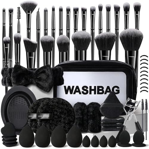 HGHDBT 56Pcs Black Makeup Brushes Set Professional with Case Premium Synthetic for Blush Eye Shadow Concealer Powder Foundation Eye & Face Make up Brush Kit with Beauty Blender Sponge Set Tools - Image 1