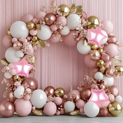 Pink White and Gold Balloon Garland Arch Kit 160Pcs Pink White Rose Gold Latex Balloons with Star Foil Balloons for Bridal Shower Wedding Birthday Party Decor - Image 1