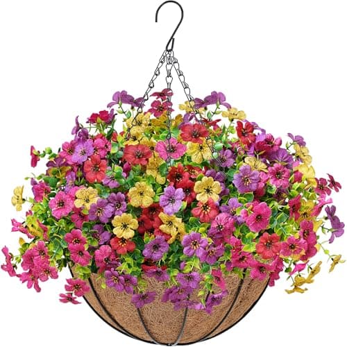 Der Rose Artificial Hanging Flowers Basket for Outdoors Fake Hanging Plants Spring Summer Decoration UV Resistant for Garden Front Porch Patio Balcony Decor - Image 1