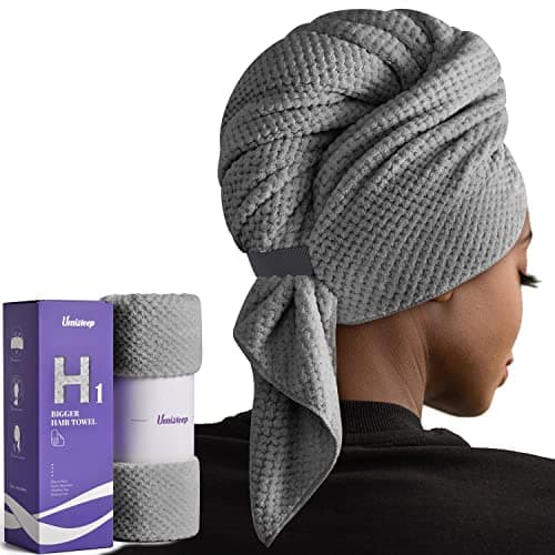 Umisleep Extra Large Microfiber Hair Towel for Women Long, Curly, Thick Hair, Super Soft Anti Frizz Quick Dry Hair Towel Wrap, Ultra Absorbent Hair Turban with Elastic Band Grey - Image 1