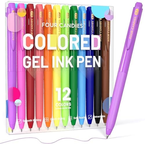 Four Candies Quick Dry Ink Colored Pens Set, 12 Colors Retractable Gel Pens, 0.7mm Fine Point Colorful Pen for Note Taking & Drawing, Colored Gel Pen with Comfort Grip for Office, School & Home - Image 1
