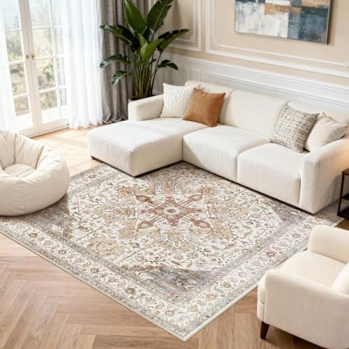 Tortania 8' Square Area Rug Living Room Rugs - Washable Boho Rug Vintage Oriental Distressed Farmhouse Large Thin Indoor Carpet for Bedroom Under Dining Table Home Office - Orange Multi - Image 1