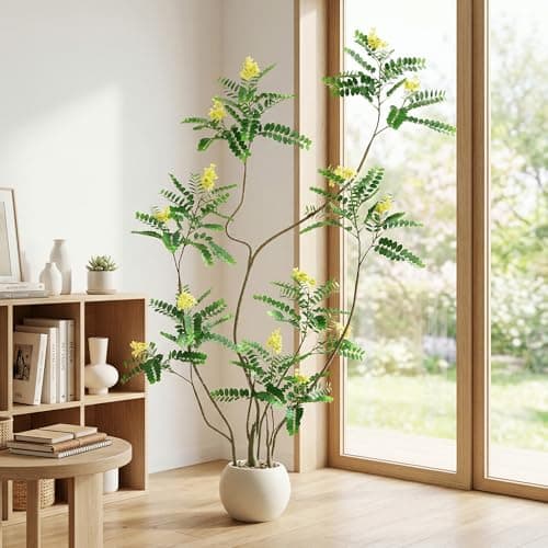 FSOHOI Artificial Mahonia Fortunei Tree - 6FT Artificial Plants Indoor, Fake Floor Plant with White Planter, Tall Sumac Faux Plants for Decor Indoor Home Sala Office Hotel Patio Studio (Yellow) - Image 1
