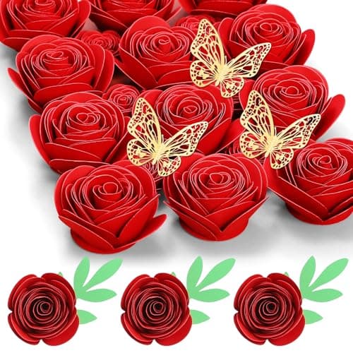 Mverse 3D Rolled Paper Flowers for Shadow Box & Graduation Cap Decorations - Handcrafted Small Roses Craft Kit with 3D Butterflies & Leaves - DIY Scrapbook Embellishments (Red) - Image 1