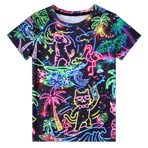 Funnycokid Boys Shirts Size 6 8 Girls T-Shirts Kids Neon Cat Hawaii Digital Print Clothes Tops Tees Graphic Short Sleeve Birthday Cool 6-8 Years - Image 1