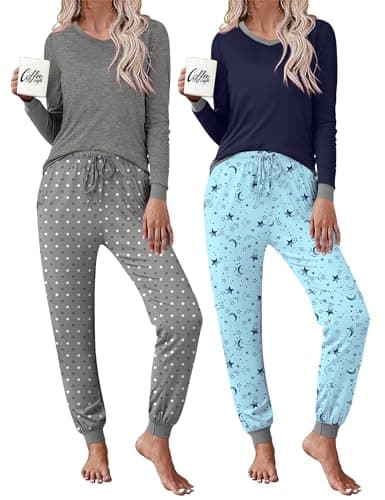 Frcdaunrs Warm Pajamas for Women Loungewear Set 2 Piece V Neck Pj Sets Long Sleeve Sleepwear Soft Nightwear Moon&Polka Dots M - Image 1