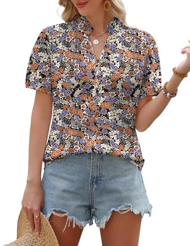 APRRAIN Womens Floral Summer Tops Boho V Neck Hawaiian Beach Puff Short Sleeve Shirts Tropical Cute Summer Work Business Dressy Casual Button Down Blouse Tunic Blusas - Image 1