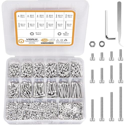 VIGRUE 1500PCS M3 x 4/5/6/8/10/12/14/16/18/20/25/30mm Screws Hex Socket Head Cap Bolts Nuts Kit, M3 Stainless Steel Screws Assortment Set with Allen Wrench and Tip Curved Tweezer - Image 1