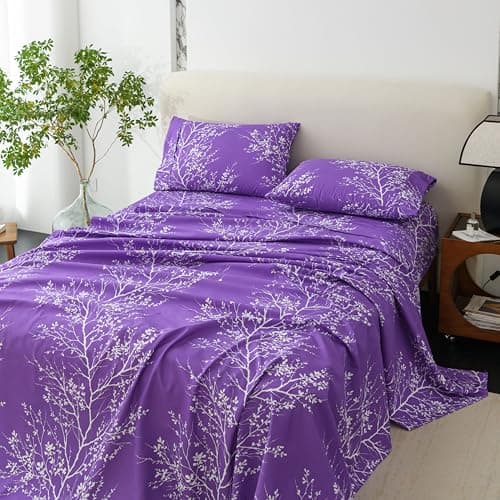 Spirit Linen home King Size Sheets Set - Pure Microfiber 4 Piece Polyester Bed Sheets, Fitted Sheet & Pillow Cases - King Sheets for All Seasons (Foliage Purple/White, King) - Image 1